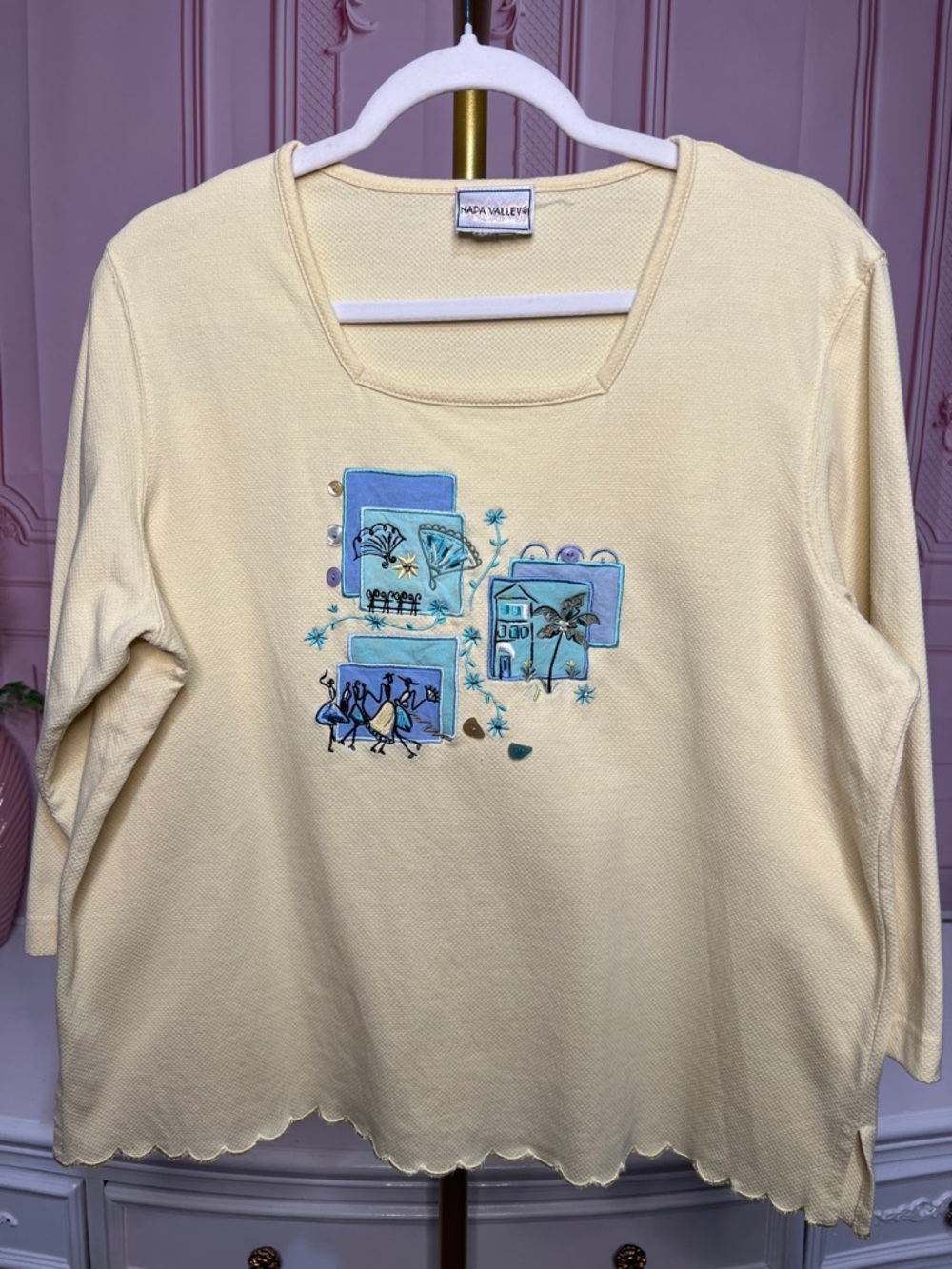 Vintage Napa Valley Embroidered Yellow Cotton Coastal Top